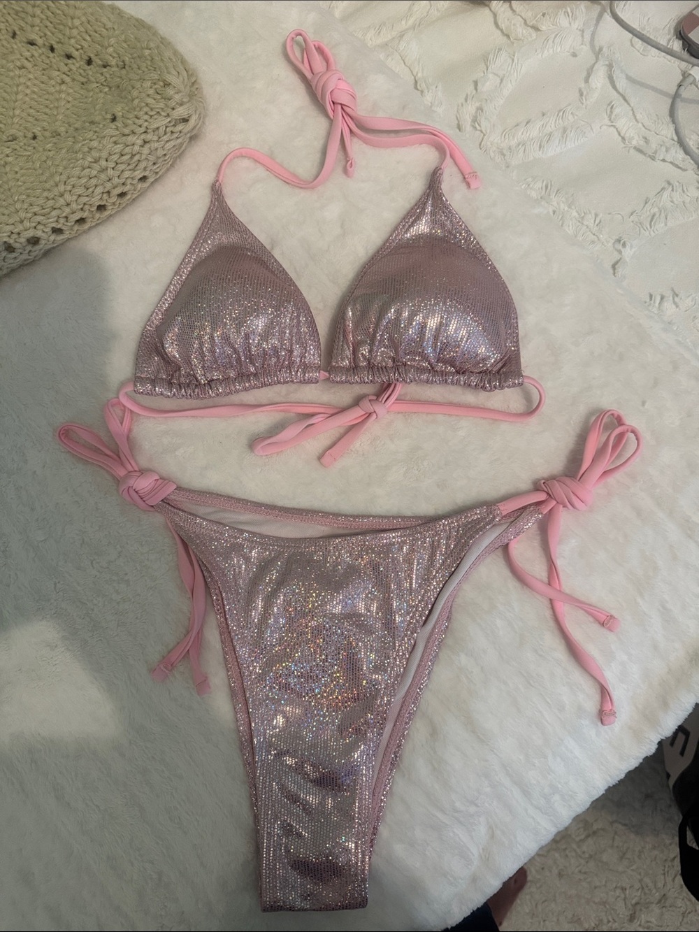 Juniors Shimmer Pink Tie-Side Bikini Set by SHEIN size Small